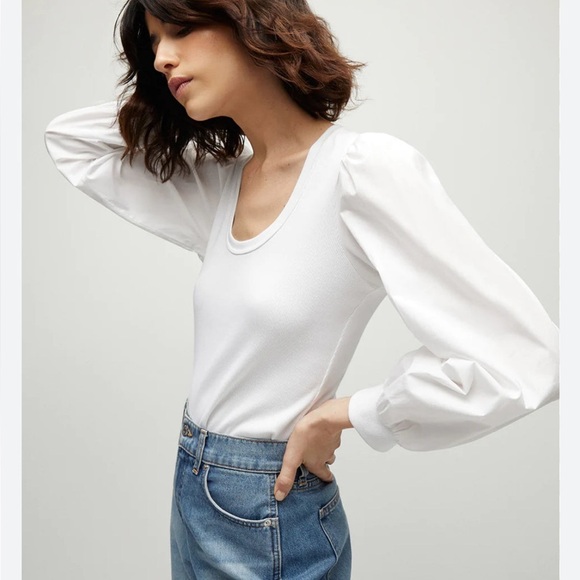 VERONICA BEARD WHITE MIXED MEDIA PUFF SLEEVES RIBBED TOP SIZE LARGE NWT $198. - Picture 1 of 9